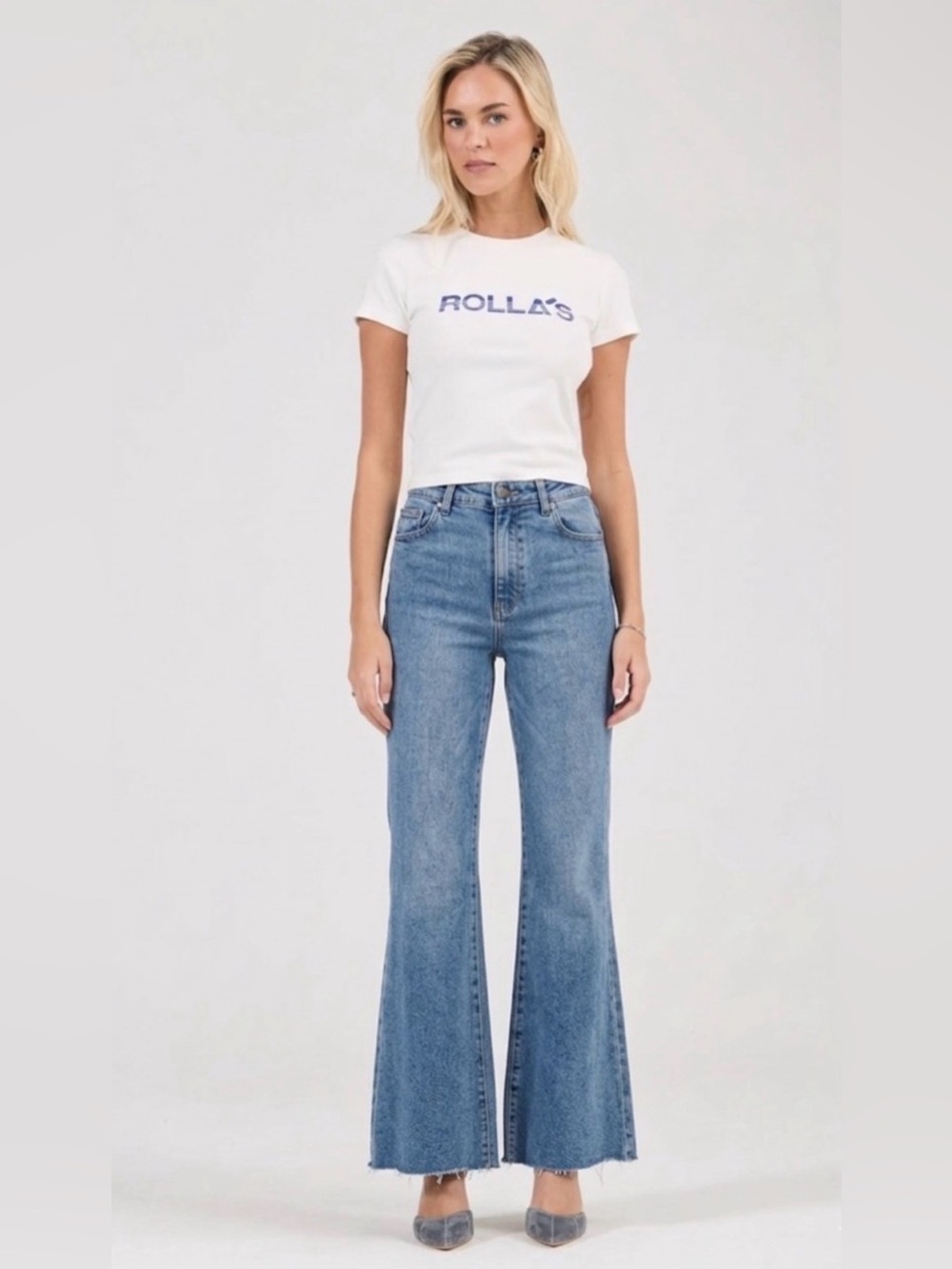 Rolla's Eastcoast Crop Flare Jeans High Rise Blue Raw Hem